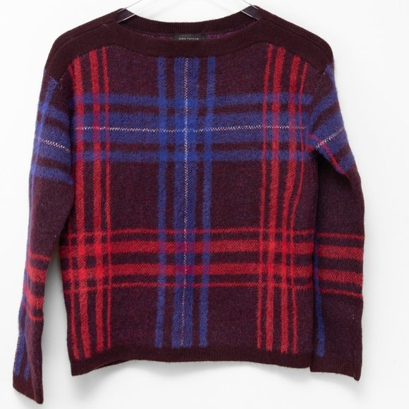 Ann Taylor Knit Sweater Jacquard Boatneck Plaid Blue Red Size XXS New - Picture 2 of 5